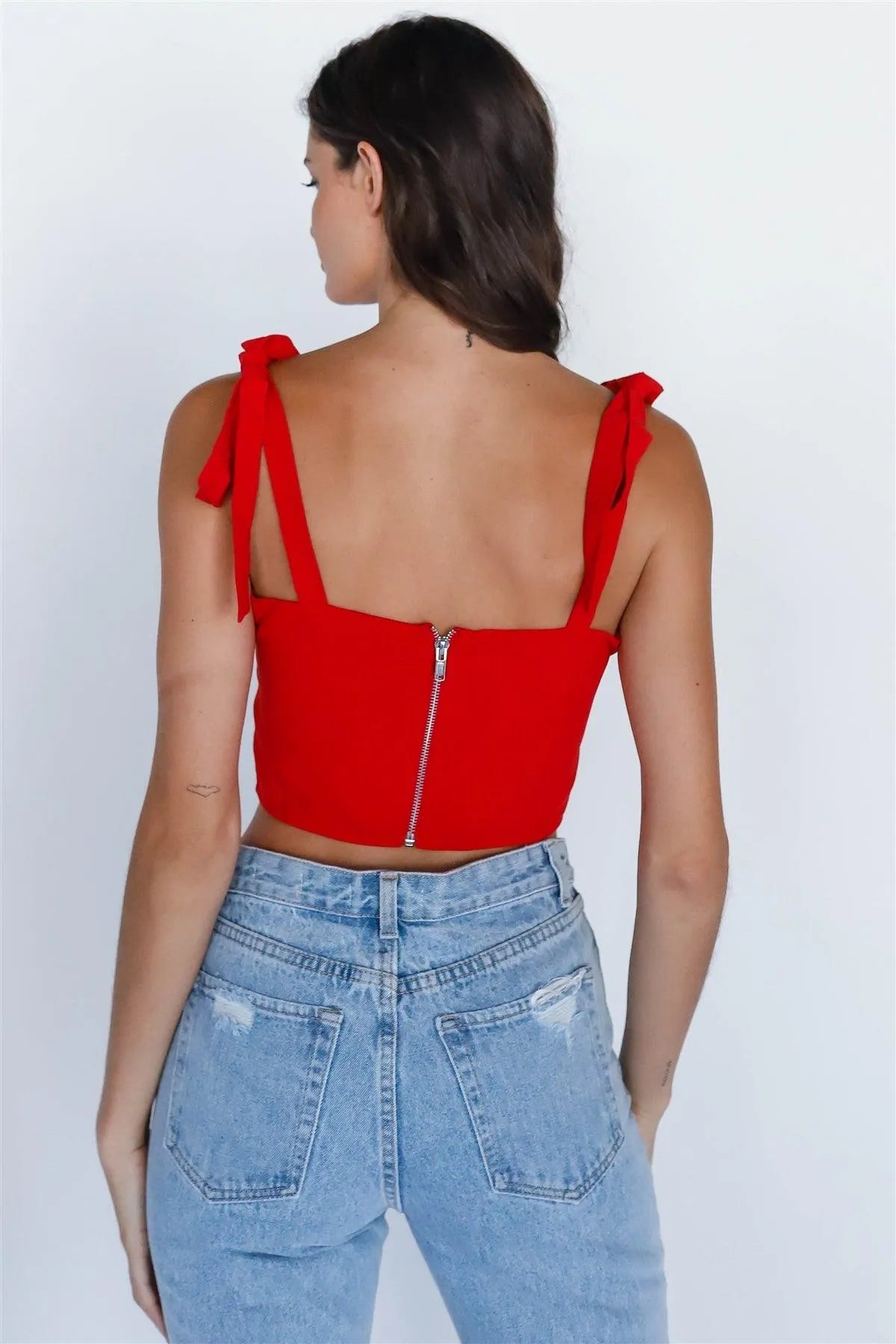 Red Self-Tie Strap Square Neck Crop Top - Tasha Apparel Wholesale