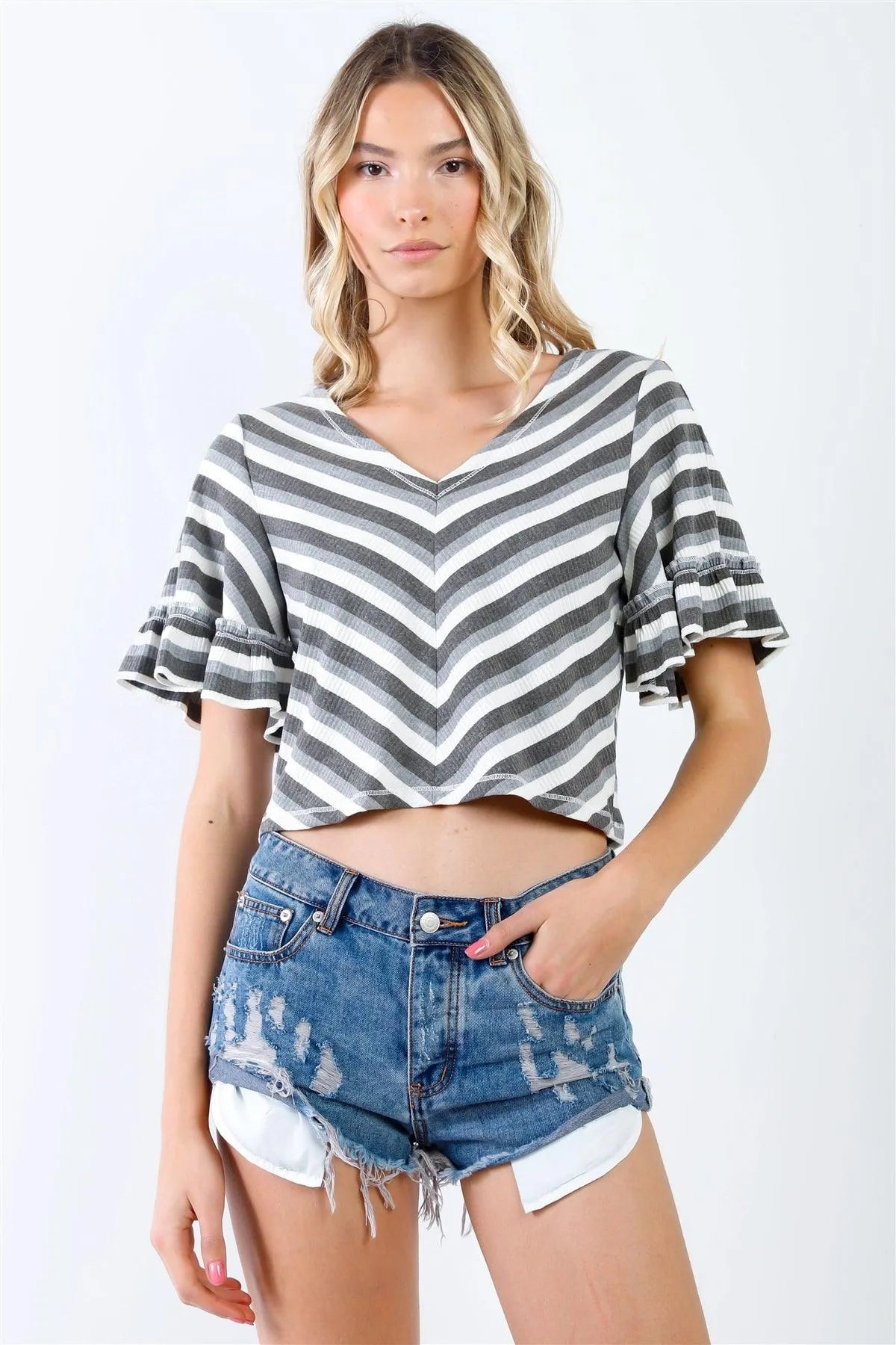 Grey Multi Color Stripe Ribbed Ruffle Short Sleeve V-Neck Crop Top /2-3-1 - Tasha Apparel Wholesale