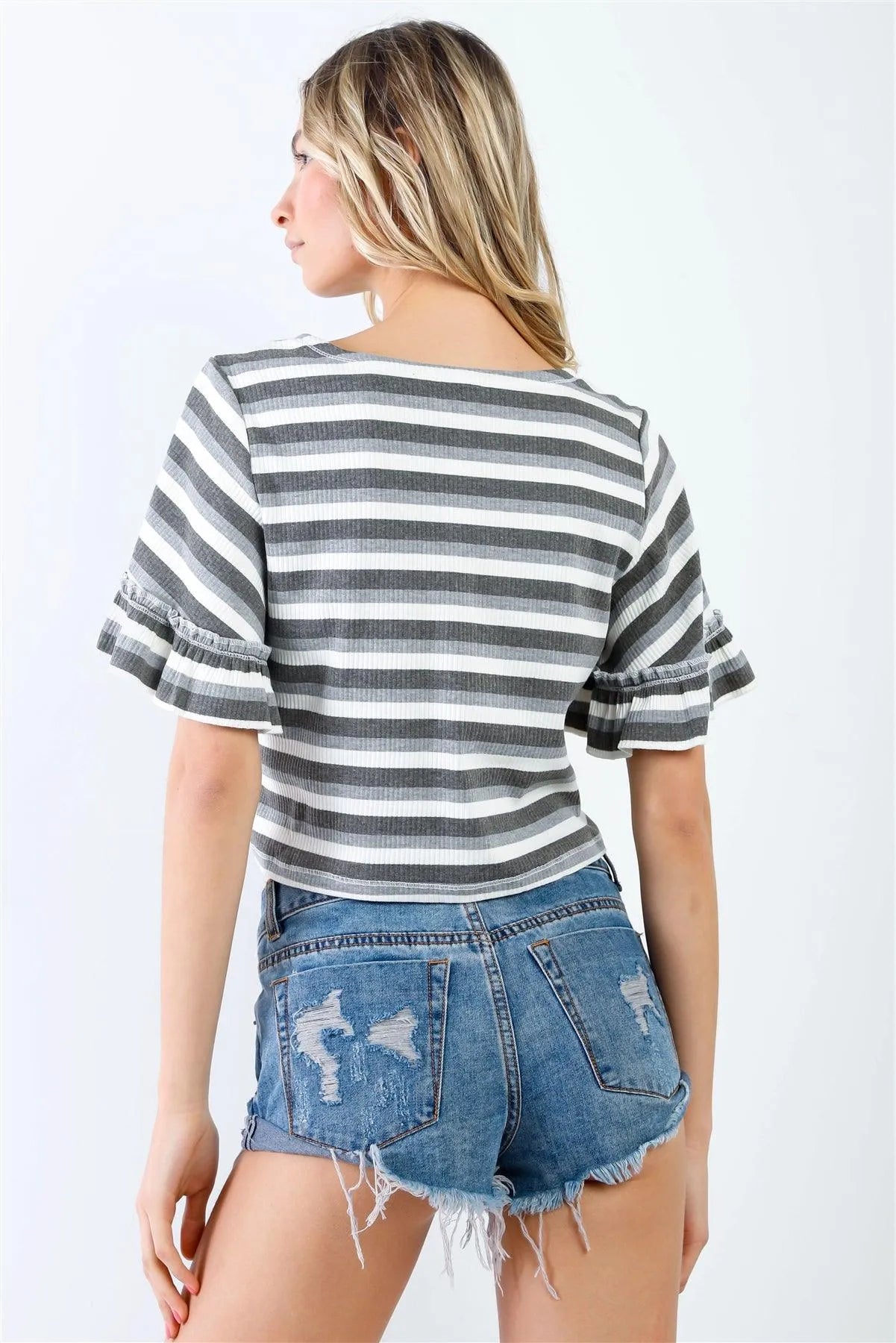 Grey Multi Color Stripe Ribbed Ruffle Short Sleeve V-Neck Crop Top /2-3-1 - Tasha Apparel Wholesale
