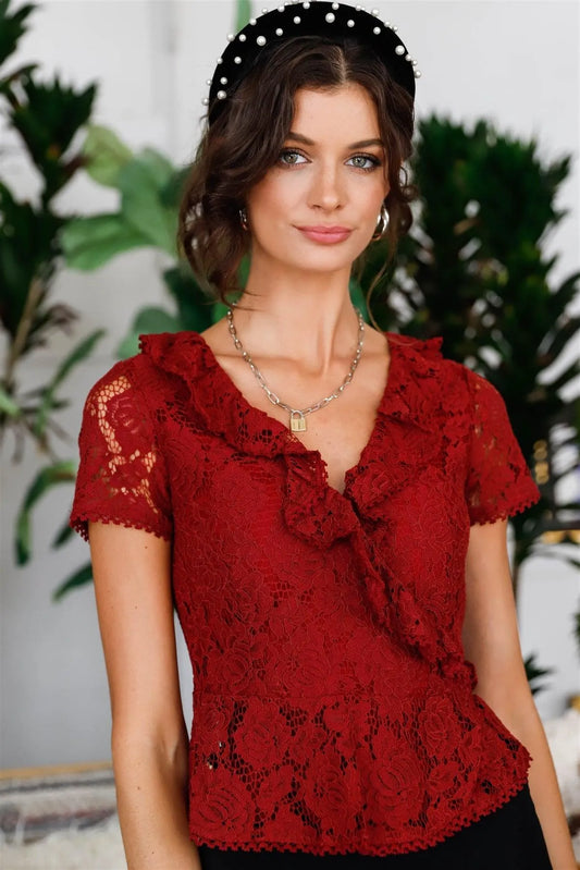 Burgundy Cotton Floral Lace Ruffle Trim Wrap Top /2-3 - Tasha Apparel Wholesale