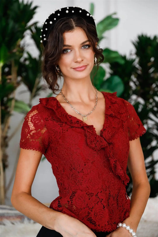 Burgundy Cotton Floral Lace Ruffle Trim Wrap Top /1-2-2 - Tasha Apparel Wholesale