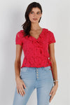 Fuchsia Cotton Floral Lace Ruffle Trim Wrap Top /1-2-2 - Tasha Apparel Wholesale
