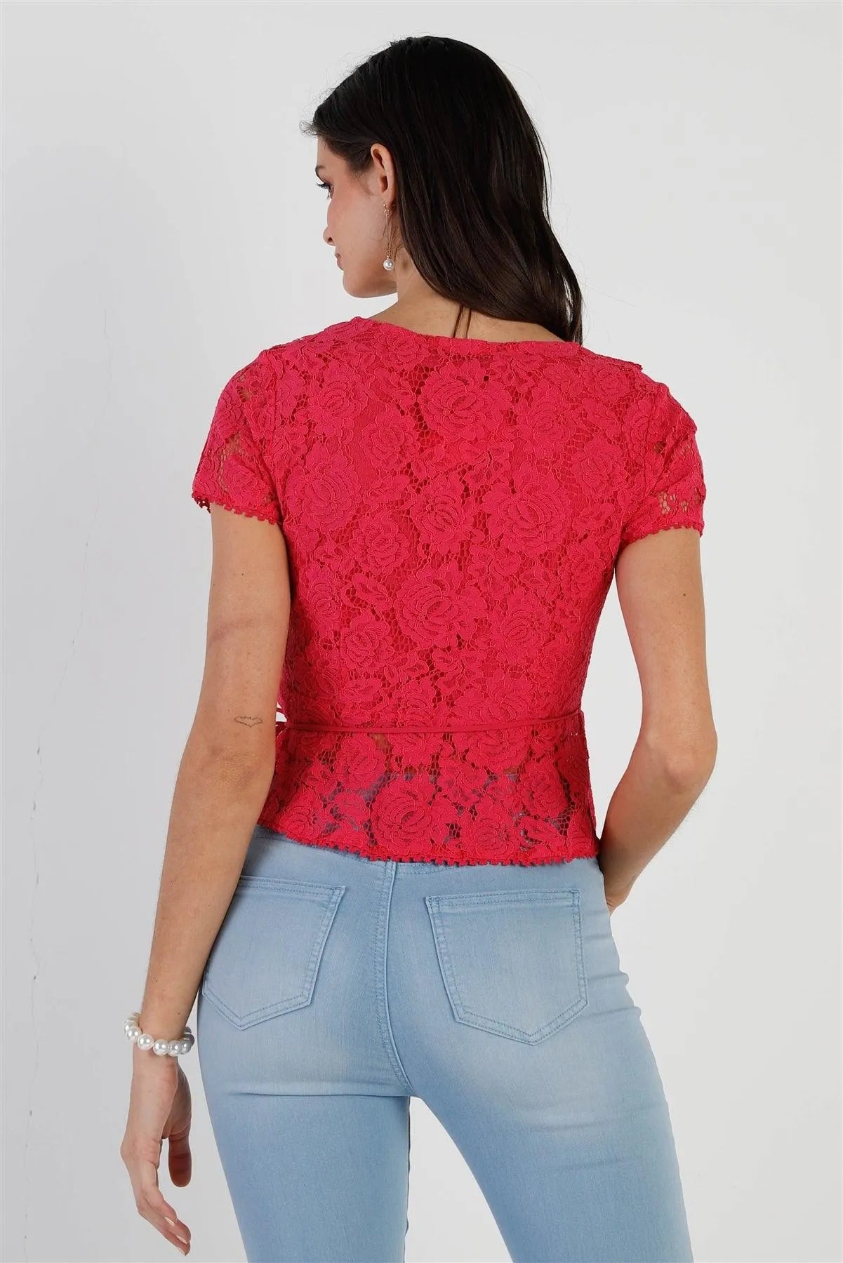 Fuchsia Cotton Floral Lace Ruffle Trim Wrap Top /1-2-2 - Tasha Apparel Wholesale