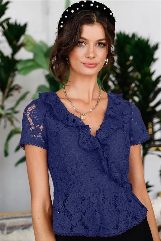 Navy Cotton Floral Lace Ruffle Trim Wrap Top - Tasha Apparel Wholesale