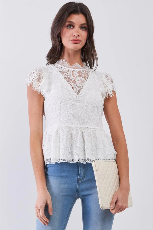 Pure White Mock Neck Lace Flare Bottom Mini Sleeve Blouse Top /1-2-2-1 - Tasha Apparel Wholesale