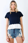 Navy & White Layered Pleated Hem Short Sleeve Top /1-2-1-1 - Tasha Apparel Wholesale