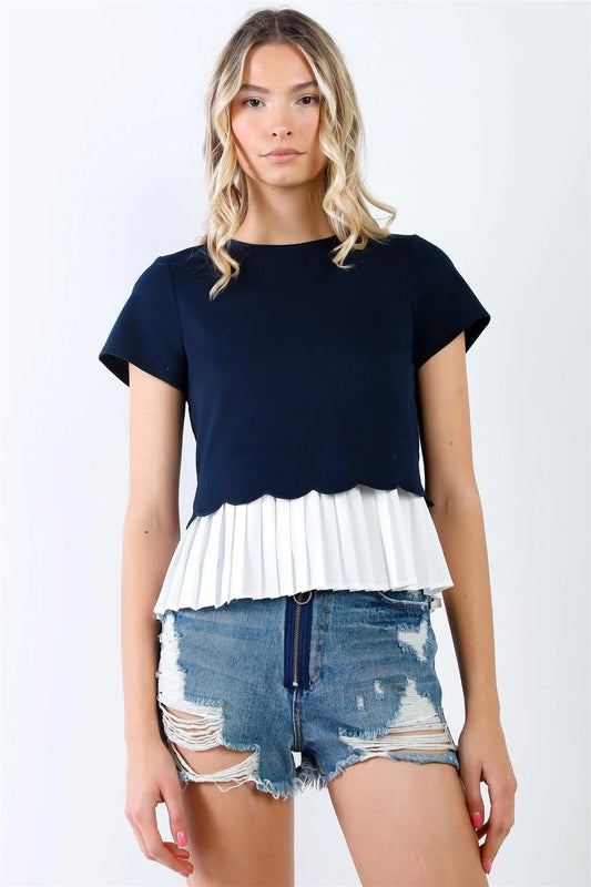 Navy & White Layered Pleated Hem Short Sleeve Top /1-2-1-1 - Tasha Apparel Wholesale