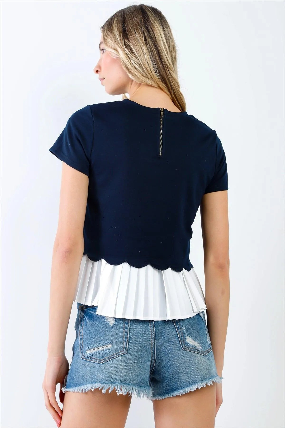 Navy & White Layered Pleated Hem Short Sleeve Top /1-2-1-1 - Tasha Apparel Wholesale