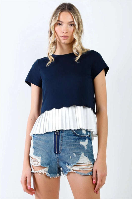 Navy & White Layered Pleated Hem Short Sleeve Top /1-2-2-1 - Tasha Apparel Wholesale