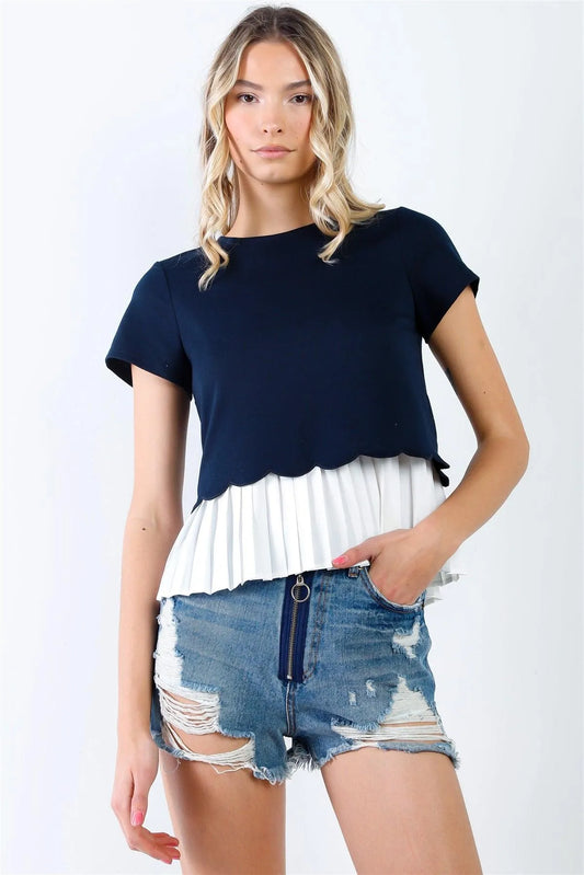 Navy & White Layered Pleated Hem Short Sleeve Top /1-2-1-1-1 - Tasha Apparel Wholesale