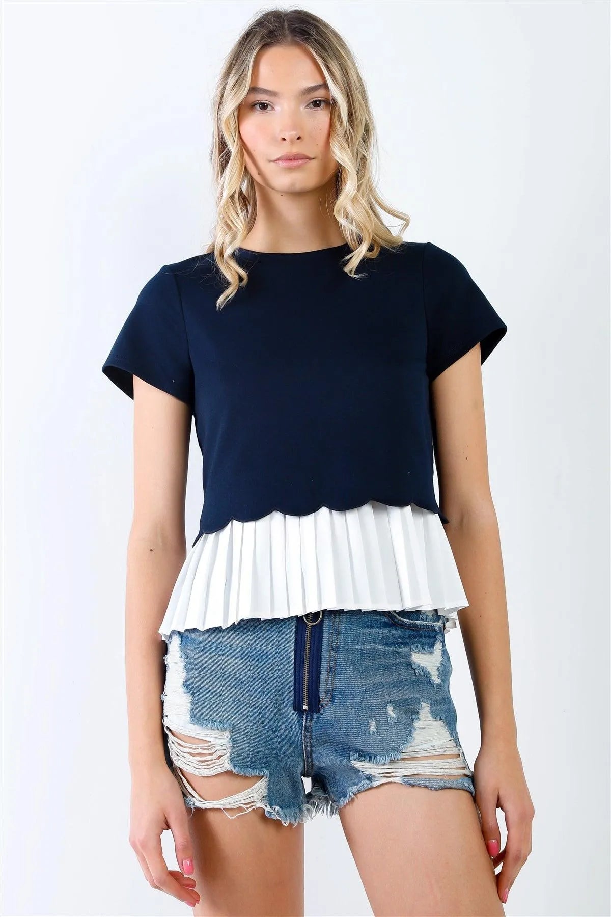 Navy & White Layered Pleated Hem Short Sleeve Top /1-2-1-1-1 - Tasha Apparel Wholesale