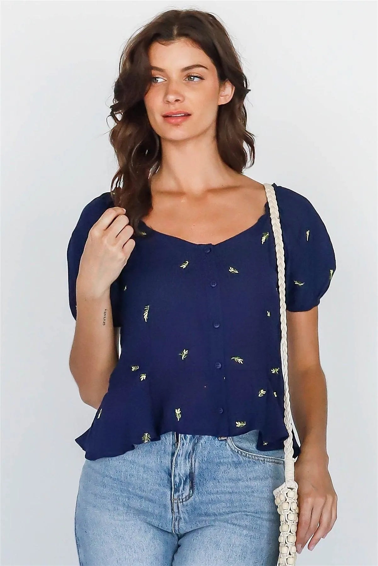 Navy Textured Button-Up Short Sleeve Top /1-2-2-1 - Tasha Apparel Wholesale