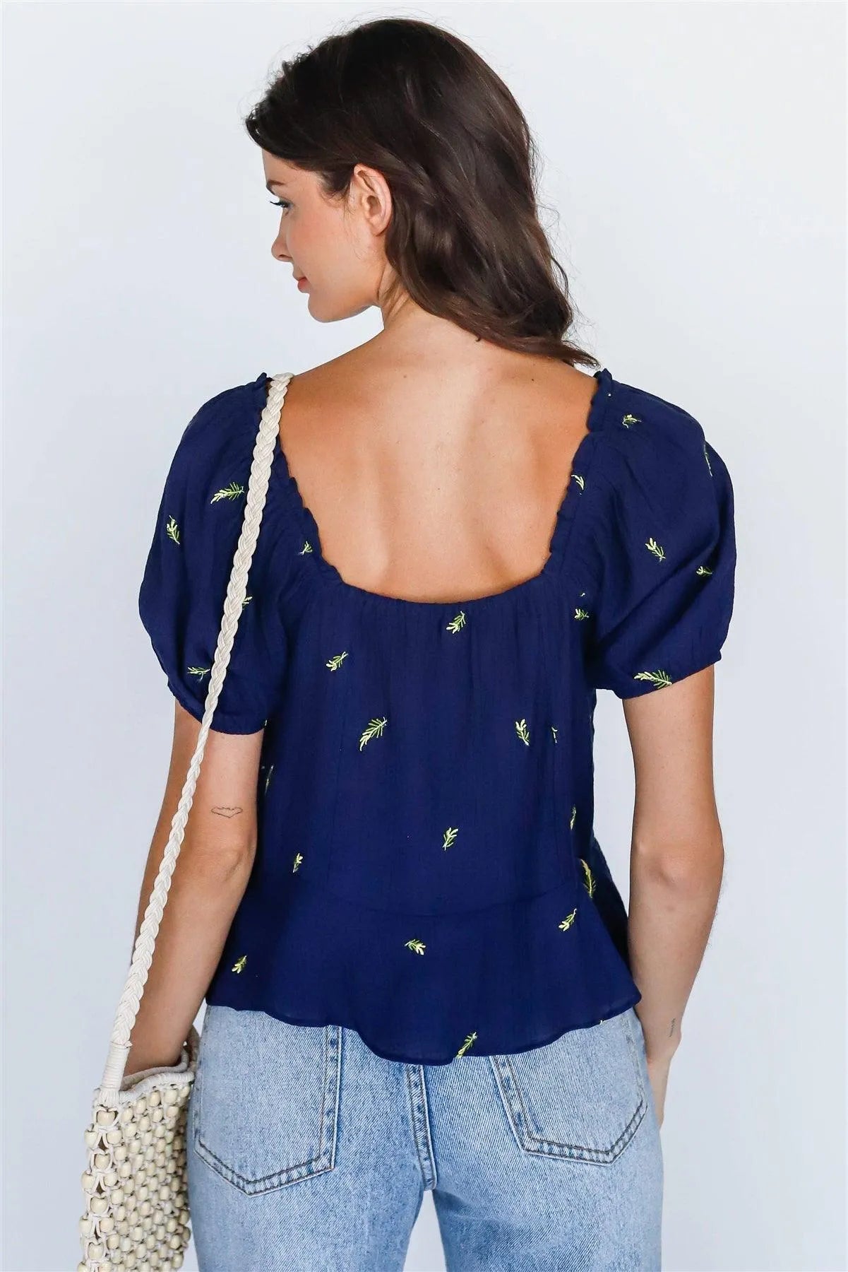 Navy Textured Button-Up Short Sleeve Top /1-2-2-1 - Tasha Apparel Wholesale