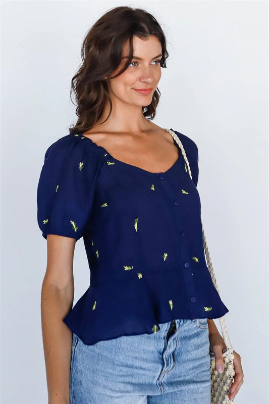 Navy Textured Button-Up Short Sleeve Top /3-3-1 - Tasha Apparel Wholesale