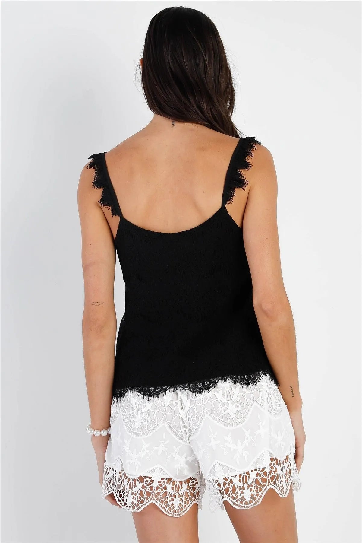 Black Lace Ruffle Detail Strap Cami Top /1-1-2 - Tasha Apparel Wholesale