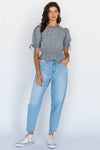 Grey Plaid Ruffled Mock Neck Balloon Short Sleeve Back Cut-Out Crop Top - Tasha Apparel Wholesale
