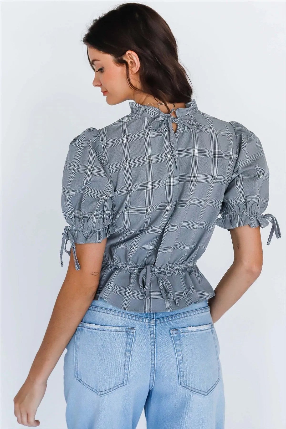 Grey Plaid Ruffled Mock Neck Balloon Short Sleeve Back Cut-Out Crop Top - Tasha Apparel Wholesale