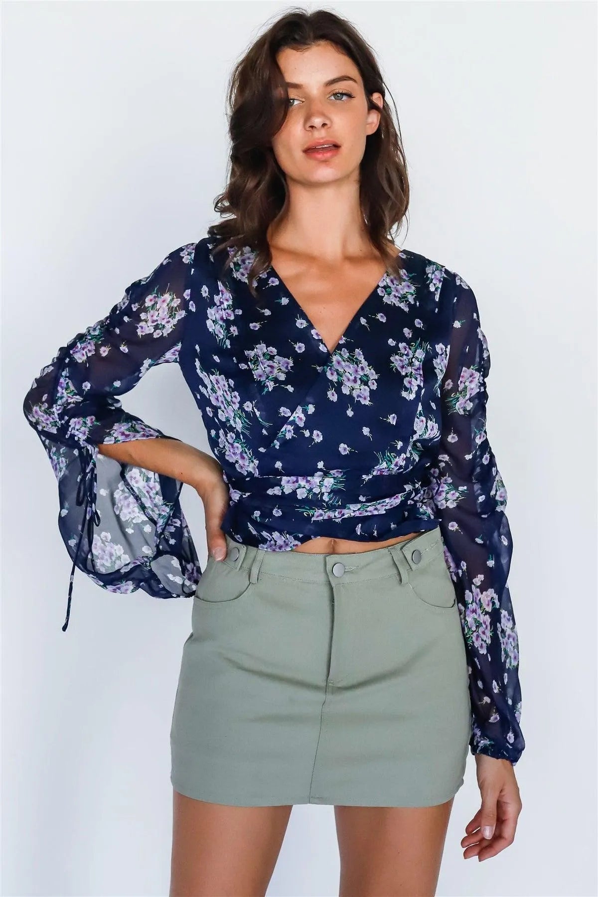 Navy Floral Print Ruched Detail Sleeve Wrap Top - Tasha Apparel Wholesale