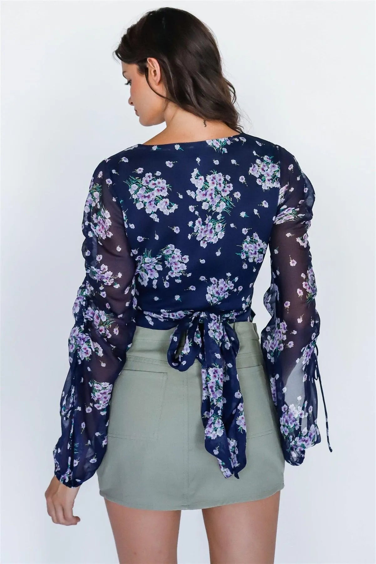 Navy Floral Print Ruched Detail Sleeve Wrap Top - Tasha Apparel Wholesale