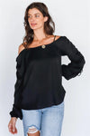 Black Off-The-Shoulder Ruched Long Sleeve Top - Tasha Apparel Wholesale