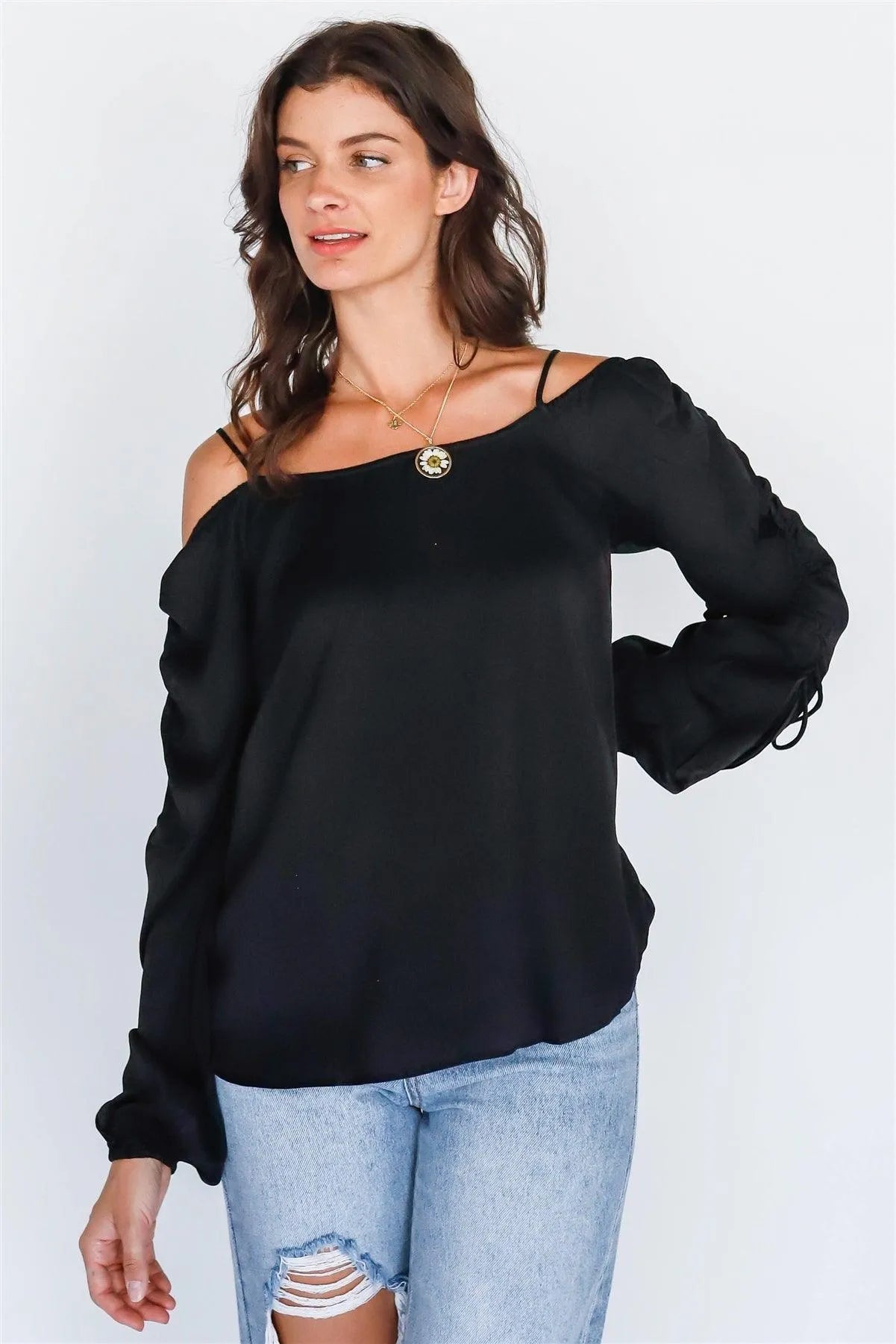 Black Off-The-Shoulder Ruched Long Sleeve Top - Tasha Apparel Wholesale