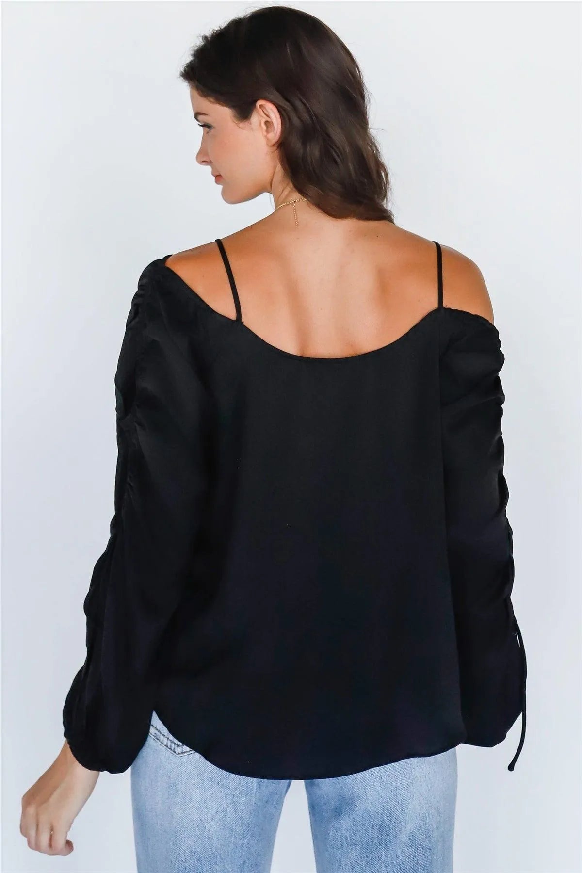 Black Off-The-Shoulder Ruched Long Sleeve Top - Tasha Apparel Wholesale