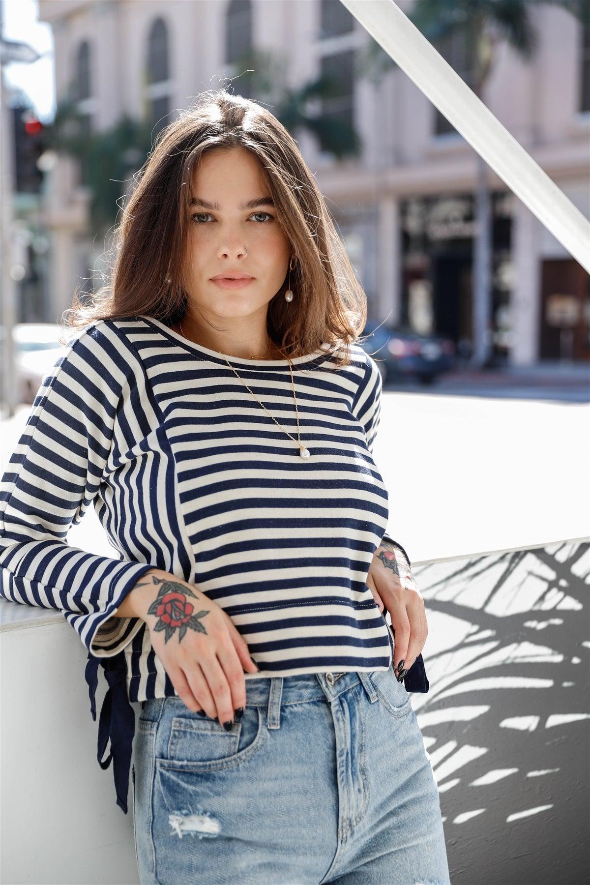 Ivory Navy Striped Side Tie Details Long Sleeve Top /1-3-2