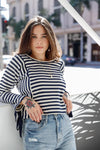 Ivory Navy Striped Side Tie Details Long Sleeve Top /1-3-2 - Tasha Apparel Wholesale