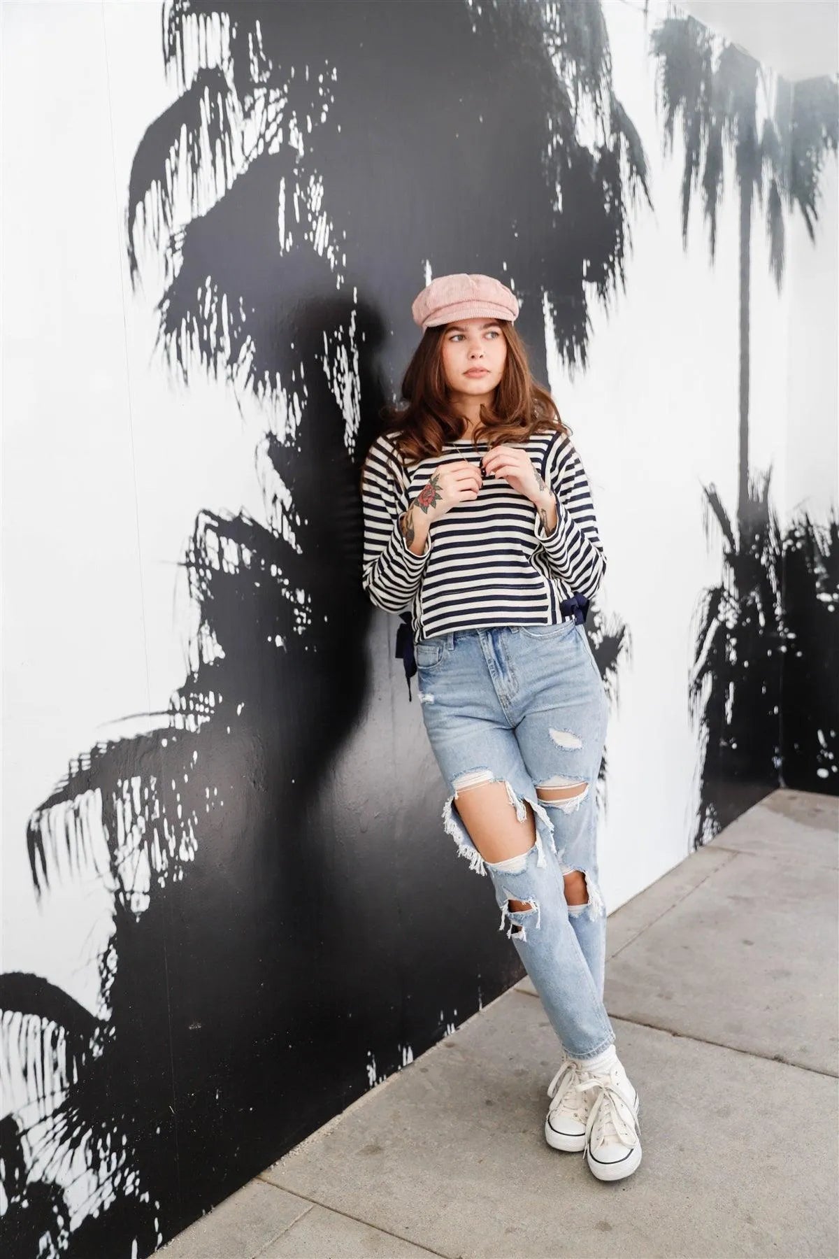 Ivory Navy Striped Side Tie Details Long Sleeve Top /1-3-2 - Tasha Apparel Wholesale