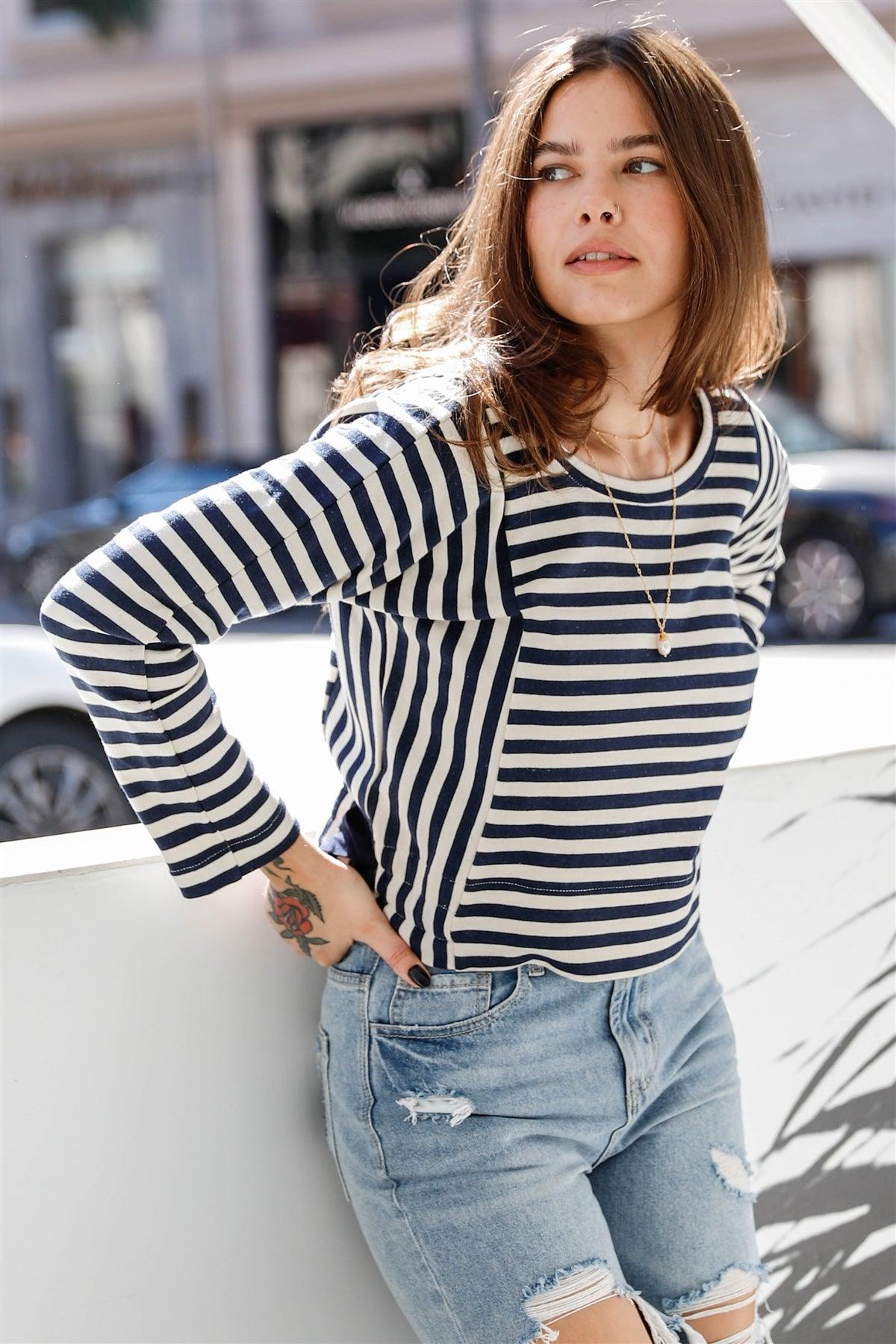 Ivory Navy Striped Side Tie Details Long Sleeve Top /1-3-2