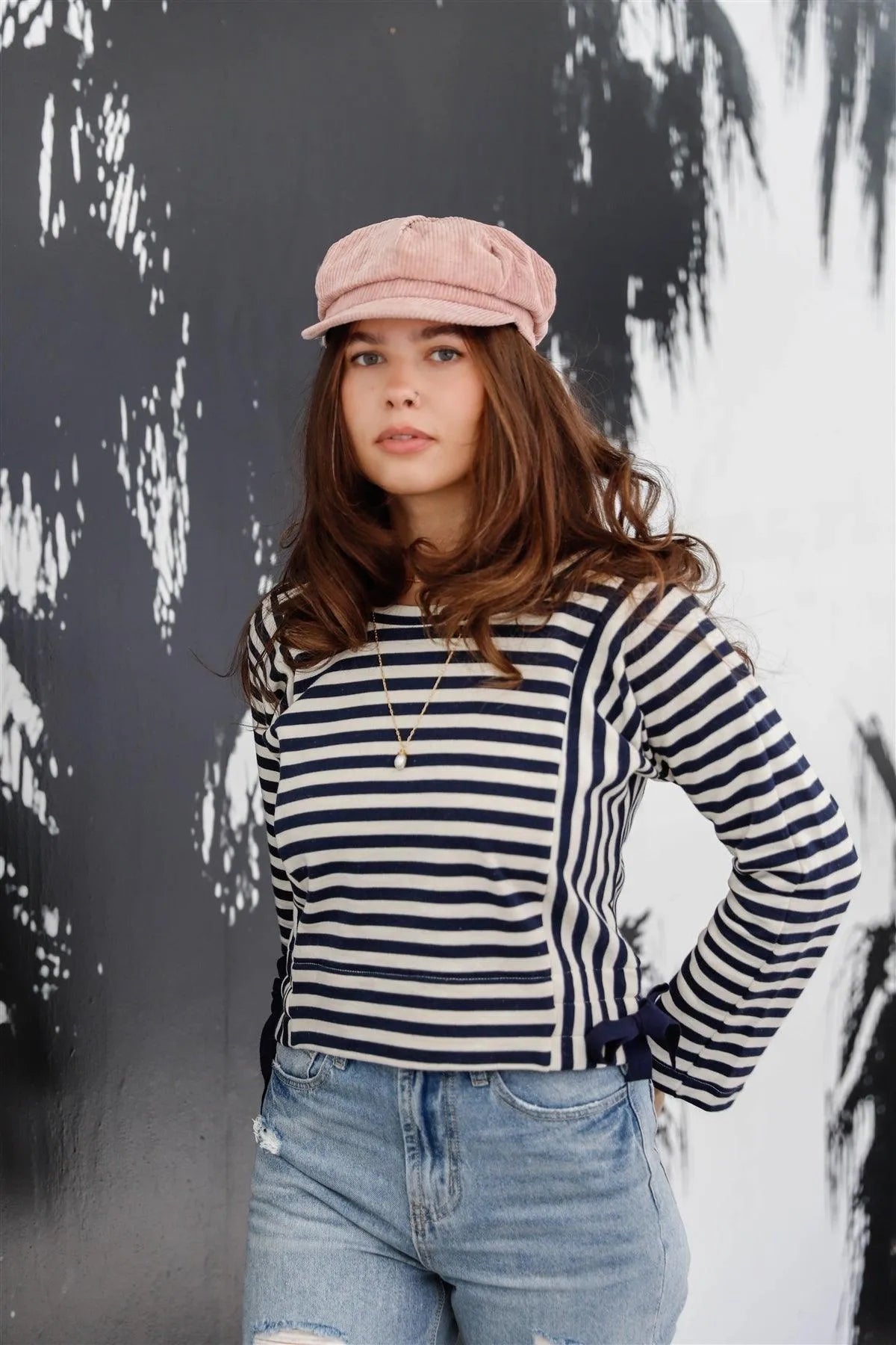 Ivory Navy Striped Side Tie Details Long Sleeve Top /1-3-2 - Tasha Apparel Wholesale