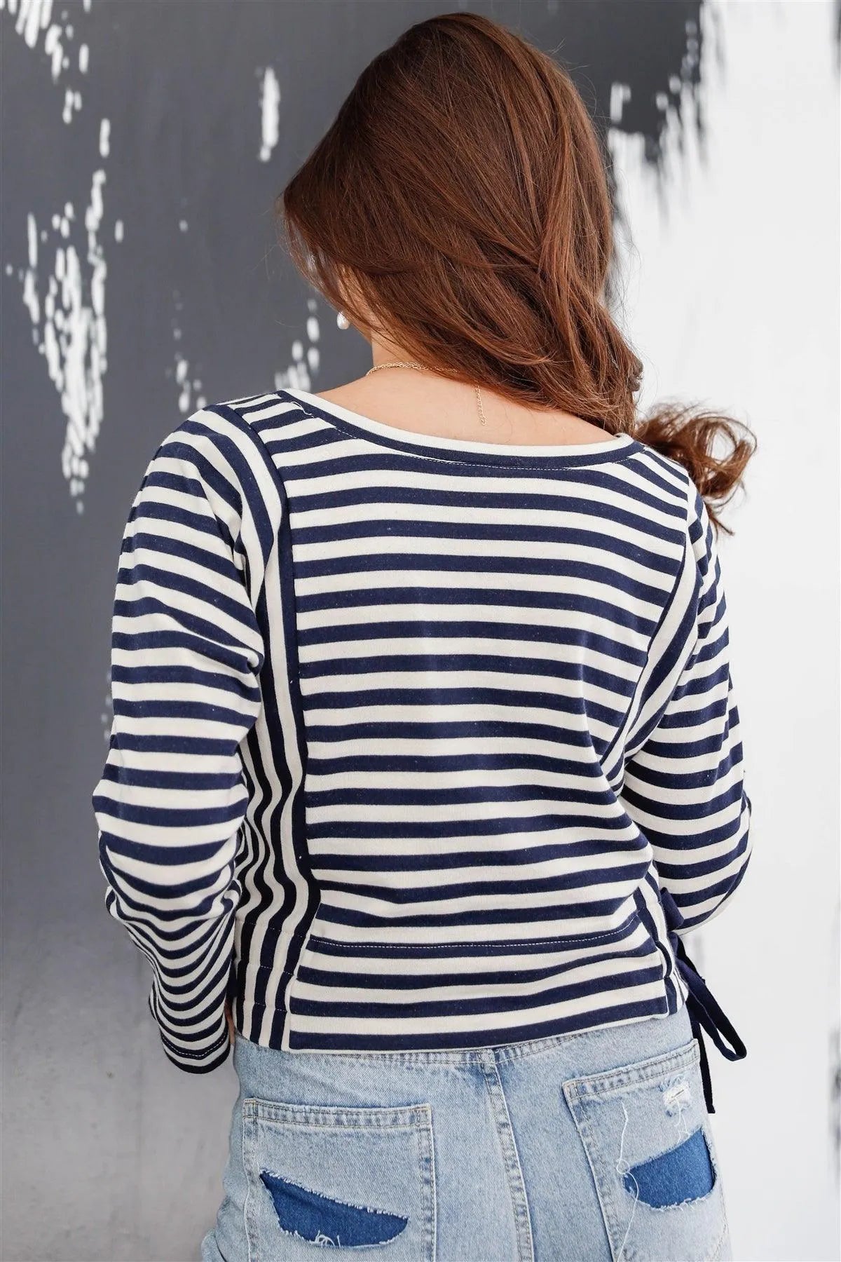 Ivory Navy Striped Side Tie Details Long Sleeve Top /1-3-2 - Tasha Apparel Wholesale