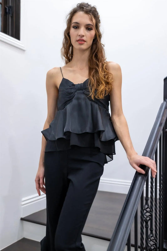 Black Silk Effect Bow Detail Flare Layered Sleeveless Top /2-2-3 - Tasha Apparel Wholesale