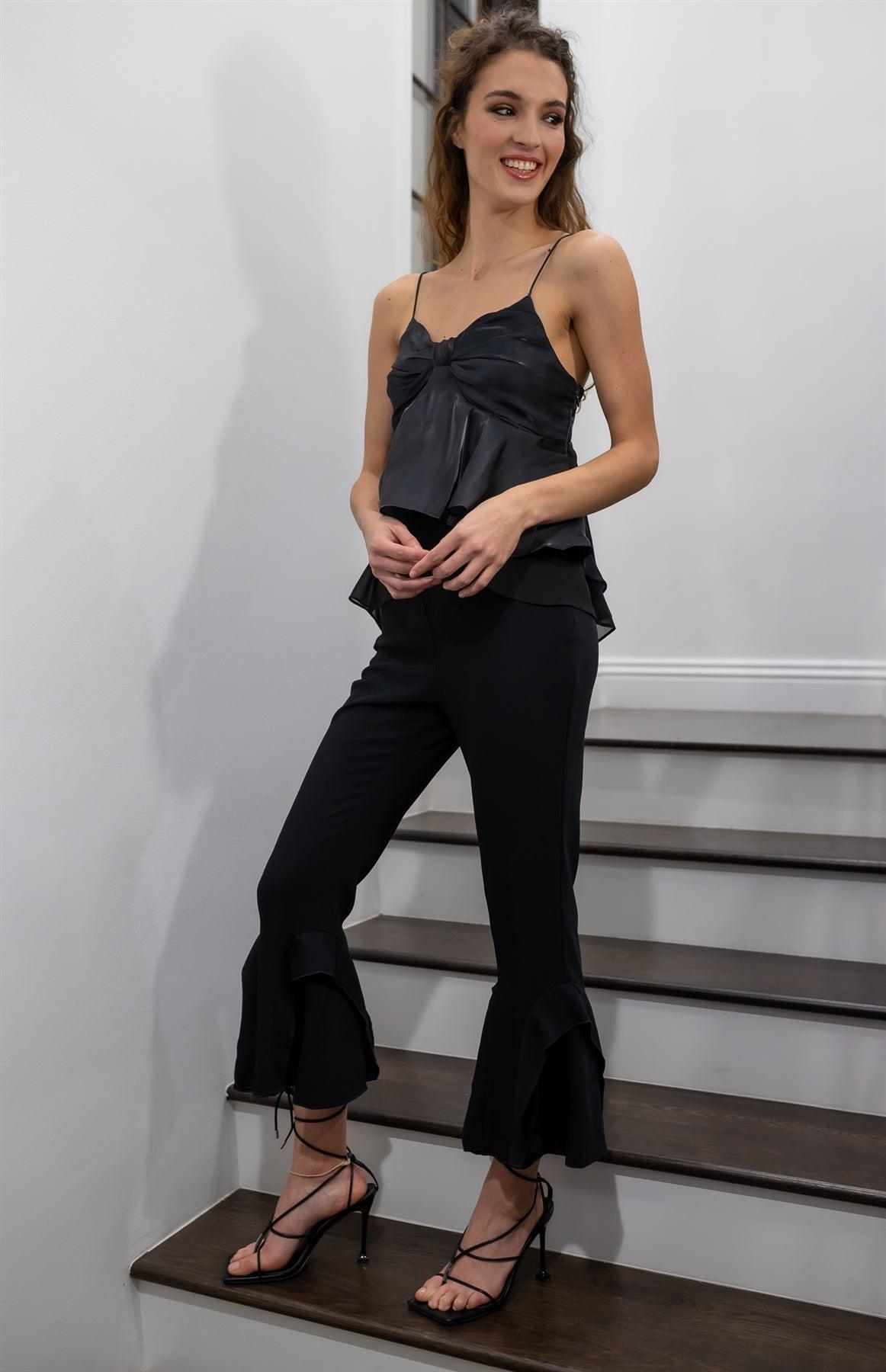 Black Silk Effect Bow Detail Flare Layered Sleeveless Top /2-2-3