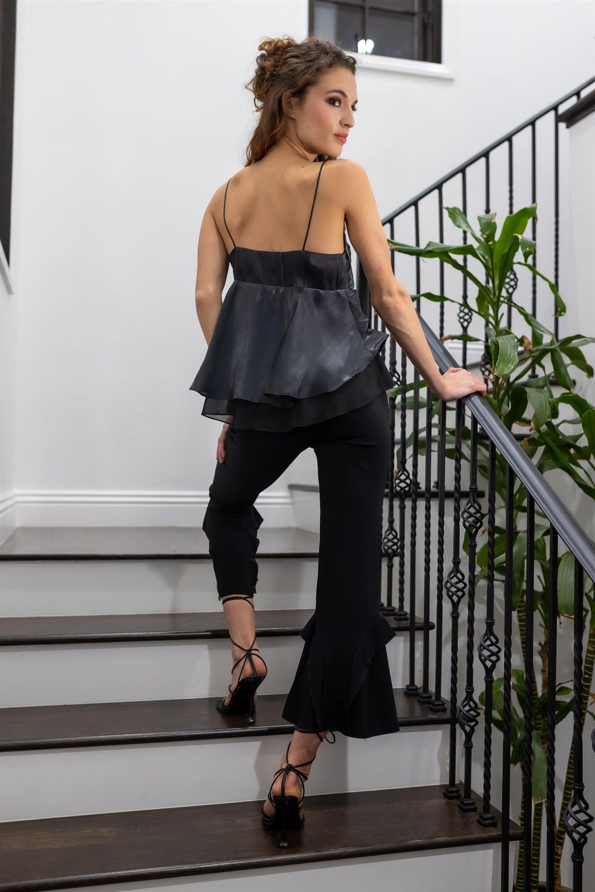 Black Silk Effect Bow Detail Flare Layered Sleeveless Top /2-2-3