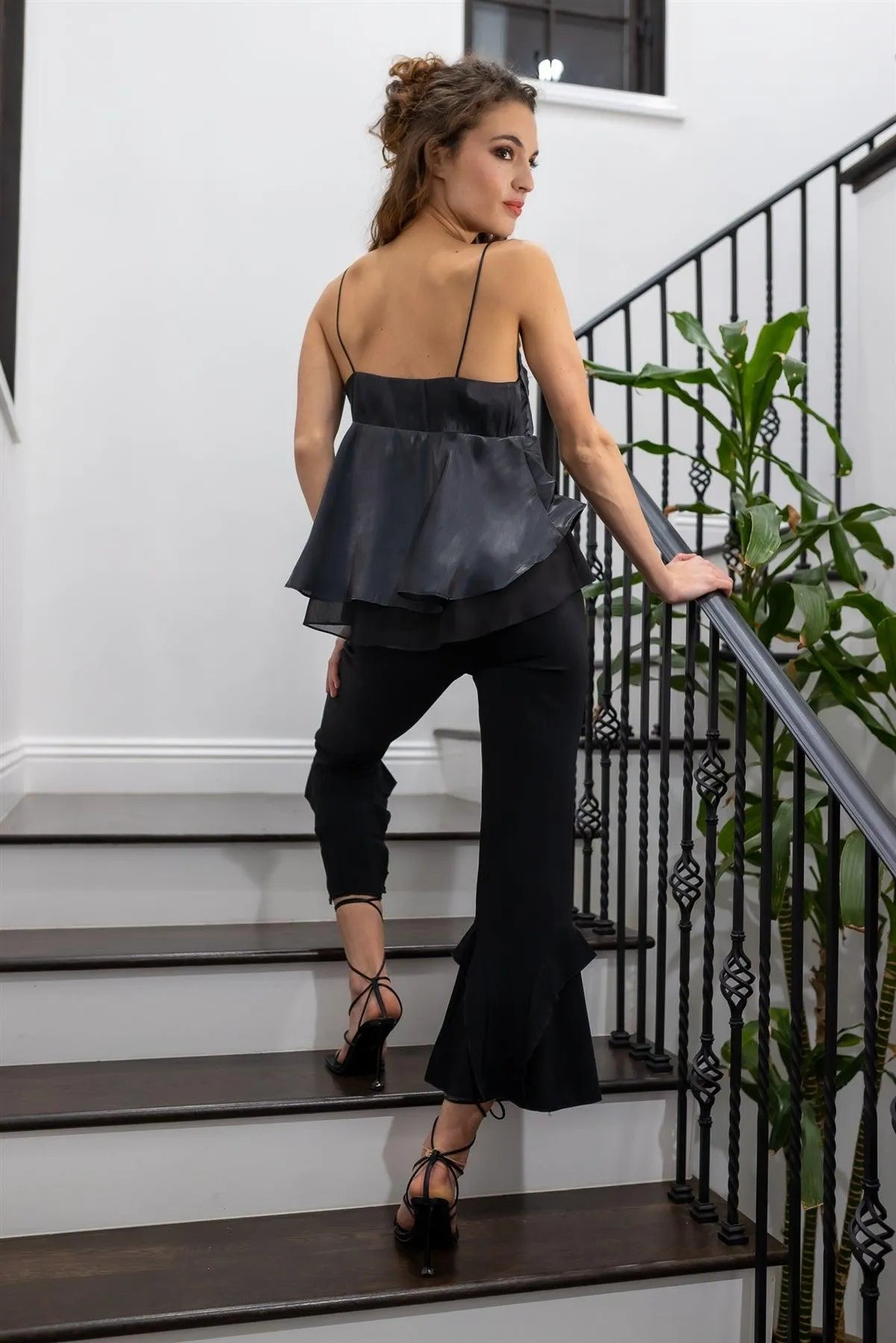 Black Silk Effect Bow Detail Flare Layered Sleeveless Top /2-2-3 - Tasha Apparel Wholesale