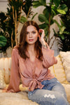 Blush Satin Effect Lace V-Neck Detail Self-Tie Front Kimono Sleeve Top /2-2-1 - Tasha Apparel Wholesale