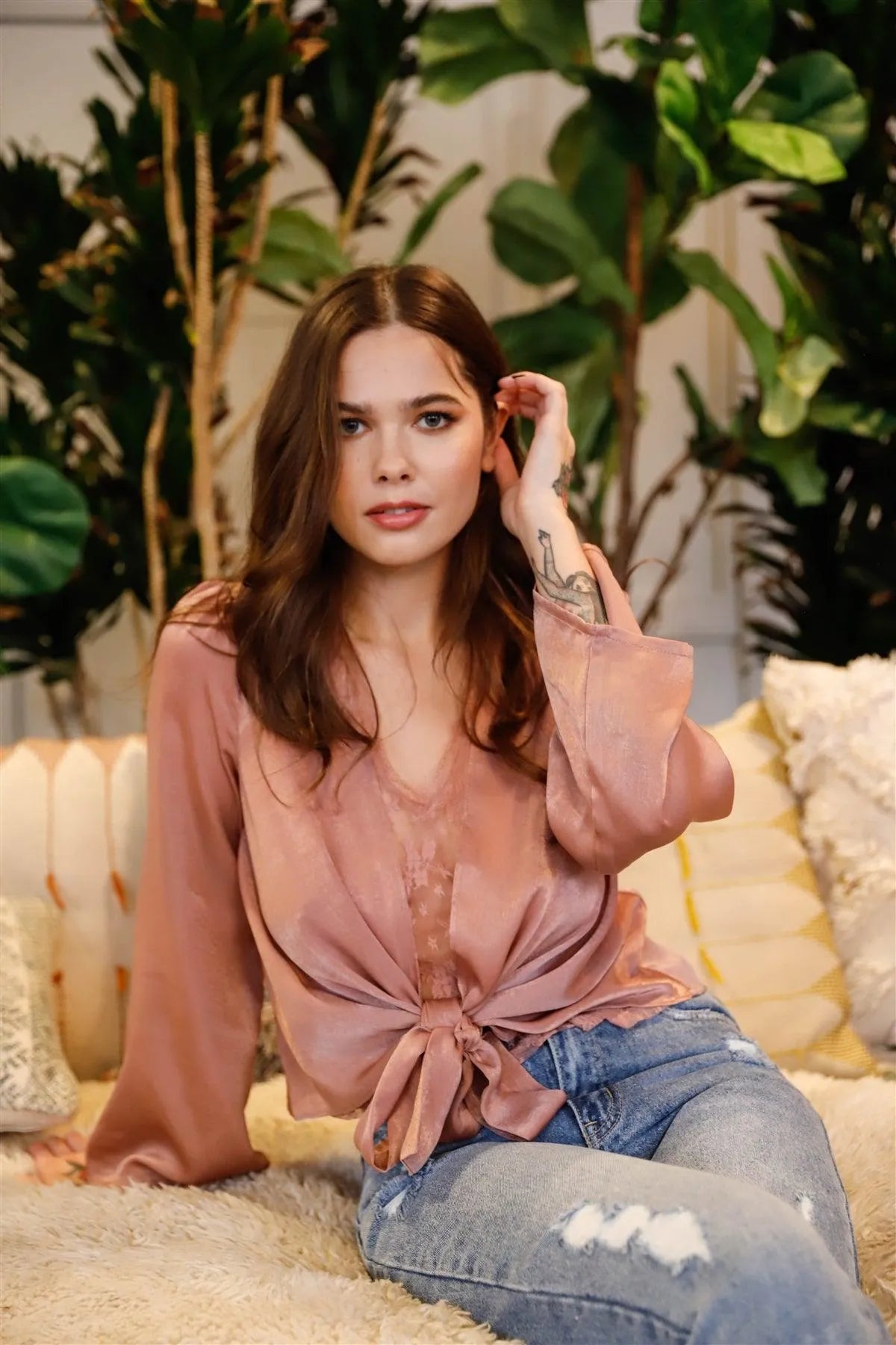Blush Satin Effect Lace V-Neck Detail Self-Tie Front Kimono Sleeve Top /2-2-1 - Tasha Apparel Wholesale