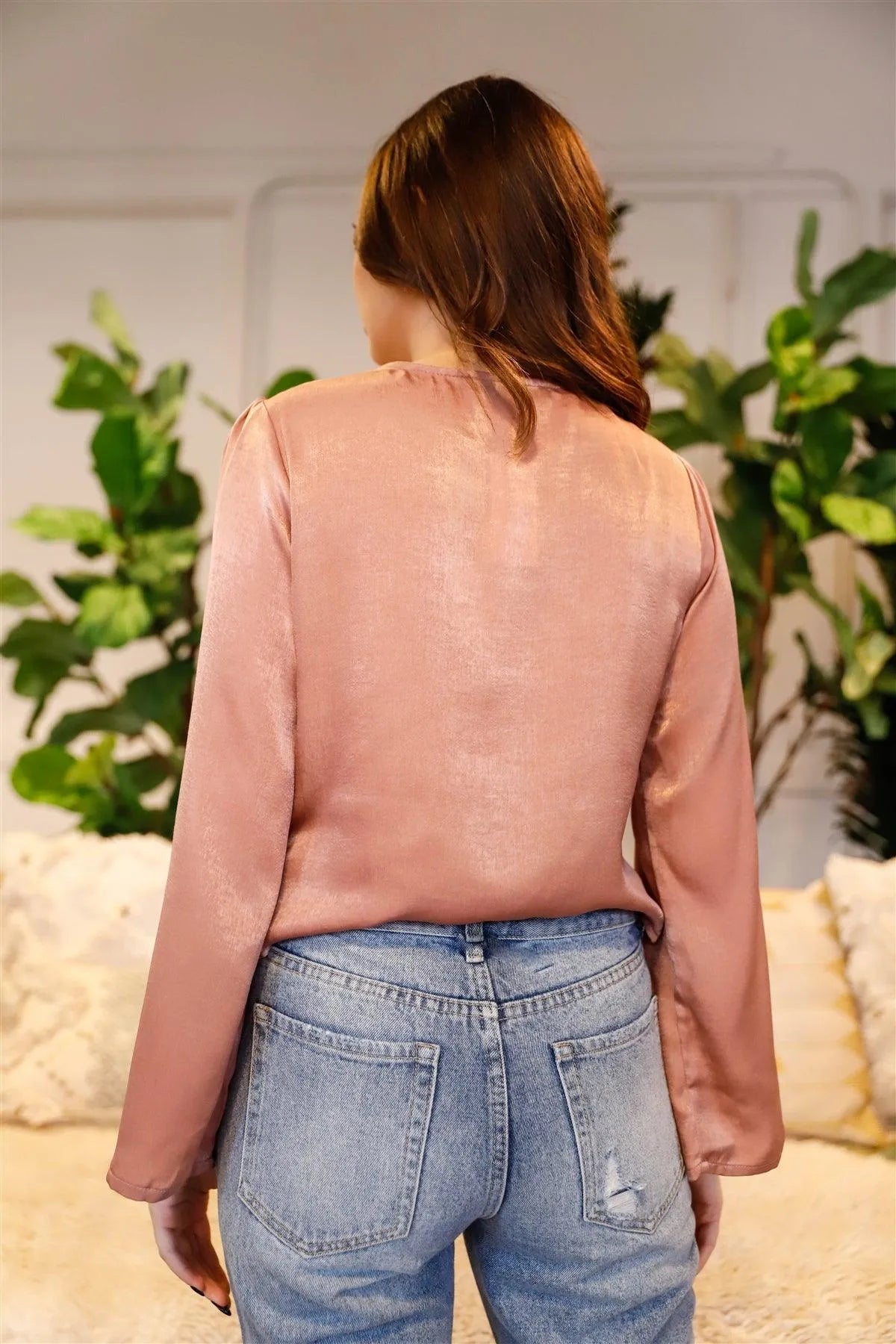 Blush Satin Effect Lace V-Neck Detail Self-Tie Front Kimono Sleeve Top /2-2-1 - Tasha Apparel Wholesale