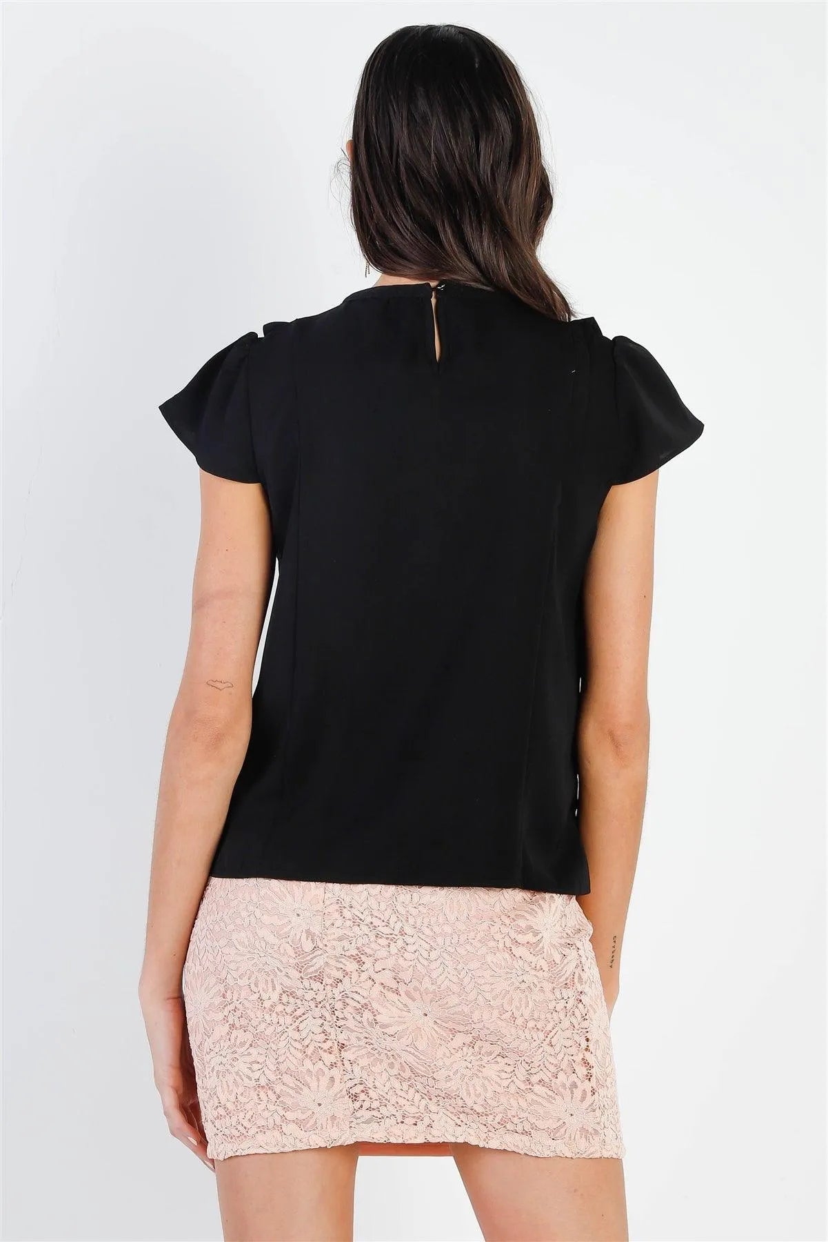 Black Embroidery & Ruffle Detail Flare Sleeve Top /1-3-2 - Tasha Apparel Wholesale
