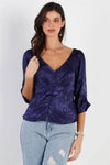 Navy Silk Effect Floral Print Front Button Up Ruched Detail Midi Sleeve Top /1-1-2-1 - Tasha Apparel Wholesale