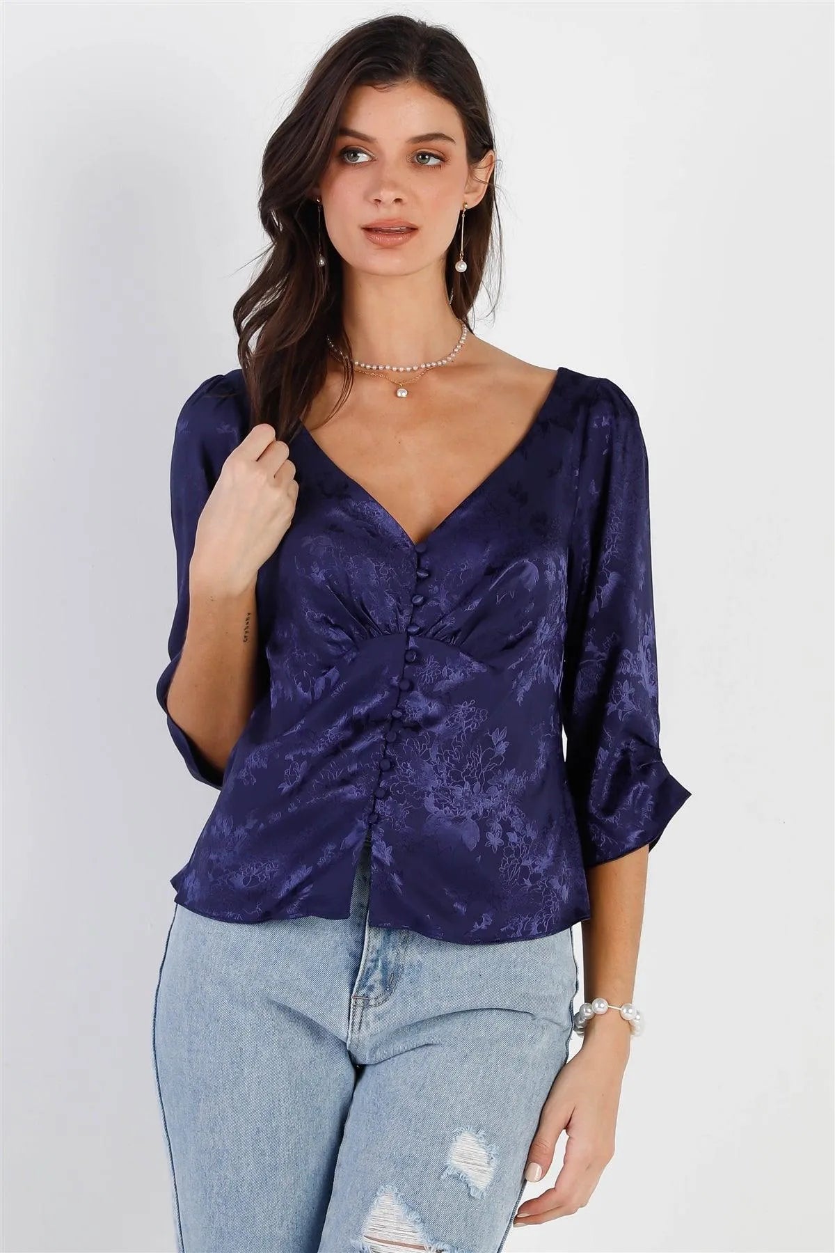 Navy Silk Effect Floral Print Front Button Up Ruched Detail Midi Sleeve Top /1-1-2-1 - Tasha Apparel Wholesale