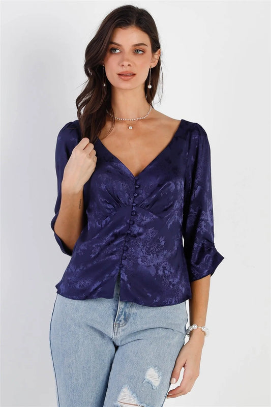 Navy Silk Effect Floral Print Front Button Up Ruched Detail Midi Sleeve Top /1-1-2-1 - Tasha Apparel Wholesale