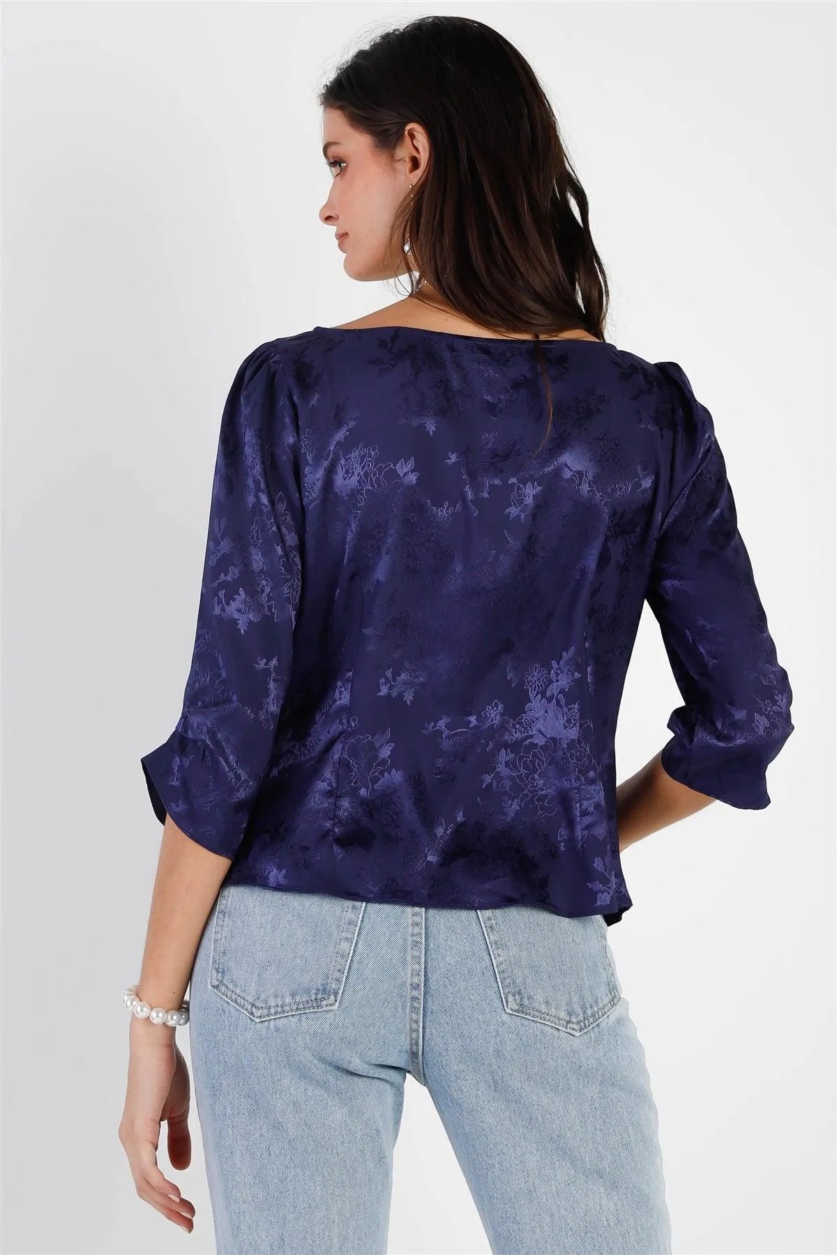 Navy Silk Effect Floral Print Front Button Up Ruched Detail Midi Sleeve Top /1-1-2-1 - Tasha Apparel Wholesale
