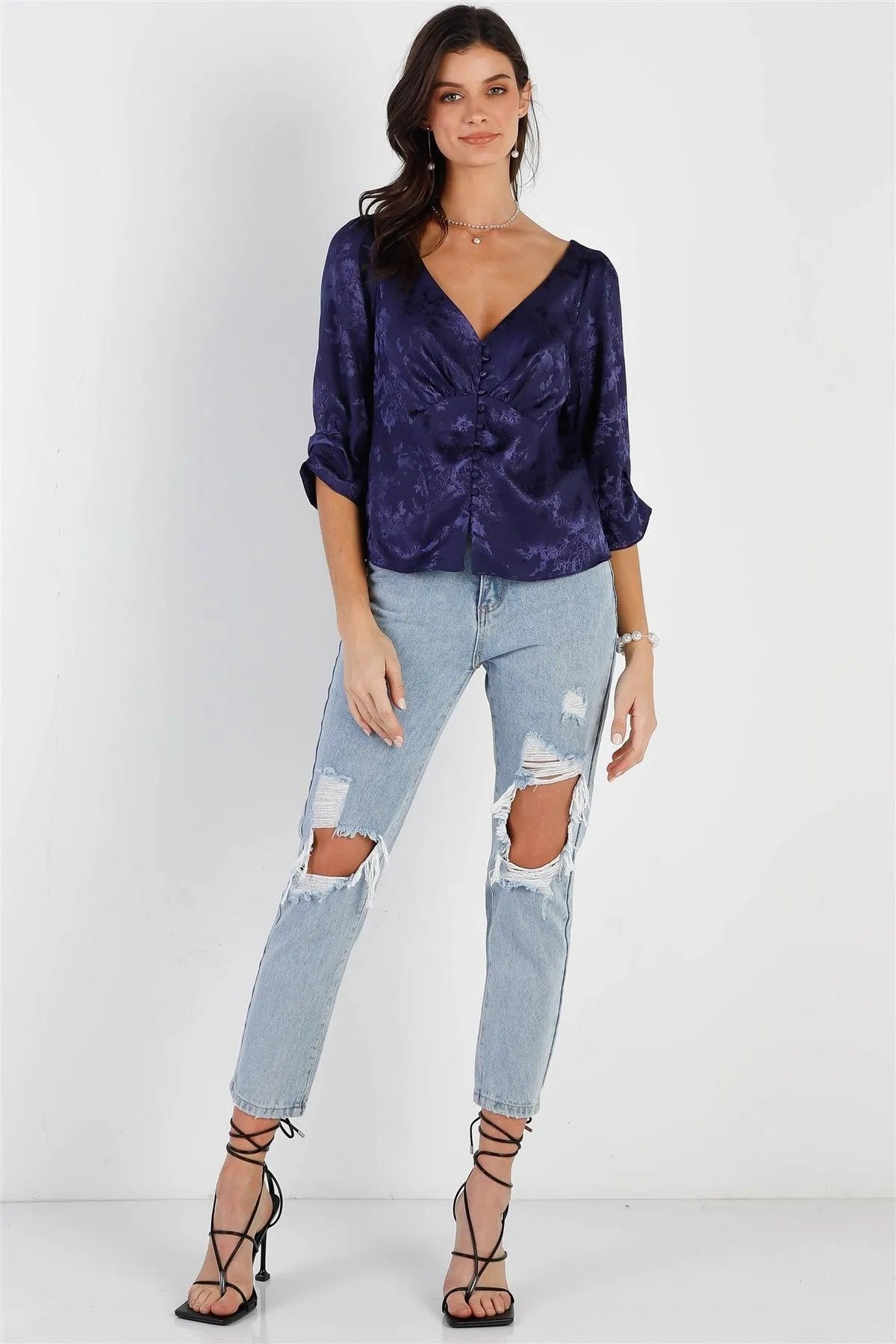 Navy Silk Effect Floral Print Front Button Up Ruched Detail Midi Sleeve Top /1-1-2-1 - Tasha Apparel Wholesale