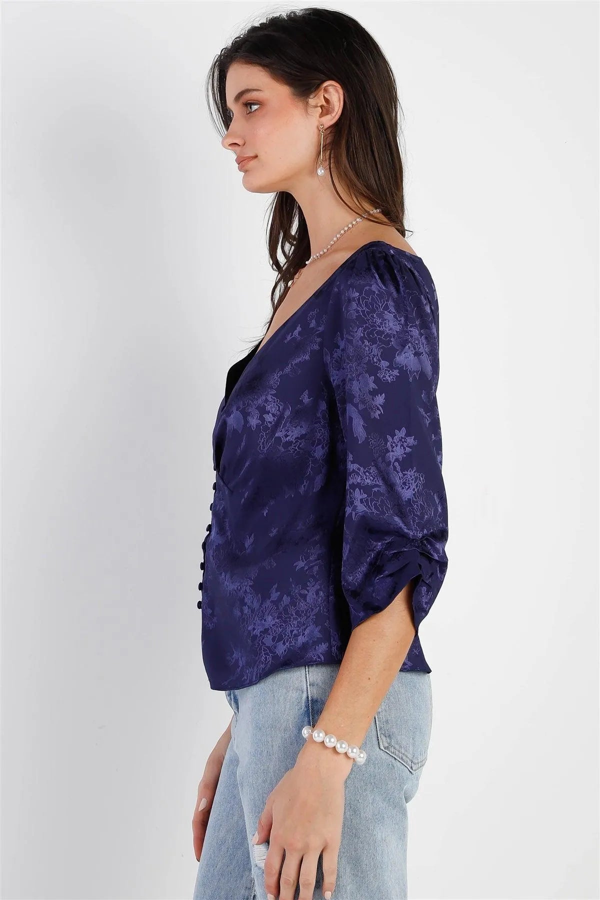 Navy Silk Effect Floral Print Front Button Up Ruched Detail Midi Sleeve Top /1-1-2-1 - Tasha Apparel Wholesale