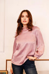 Mauve Satin Effect Lace Mock Neck Detail Balloon Sleeve Top /1-2-2-1 - Tasha Apparel Wholesale