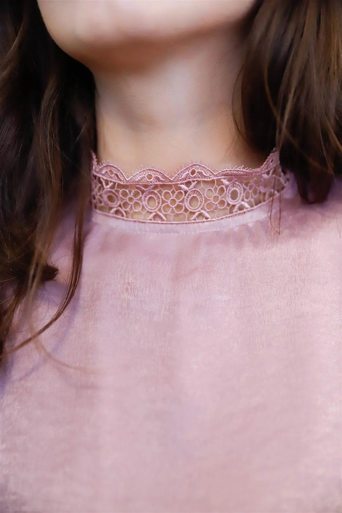 Mauve Satin Effect Lace Mock Neck Detail Balloon Sleeve Top /1-2-2-1 - Tasha Apparel Wholesale