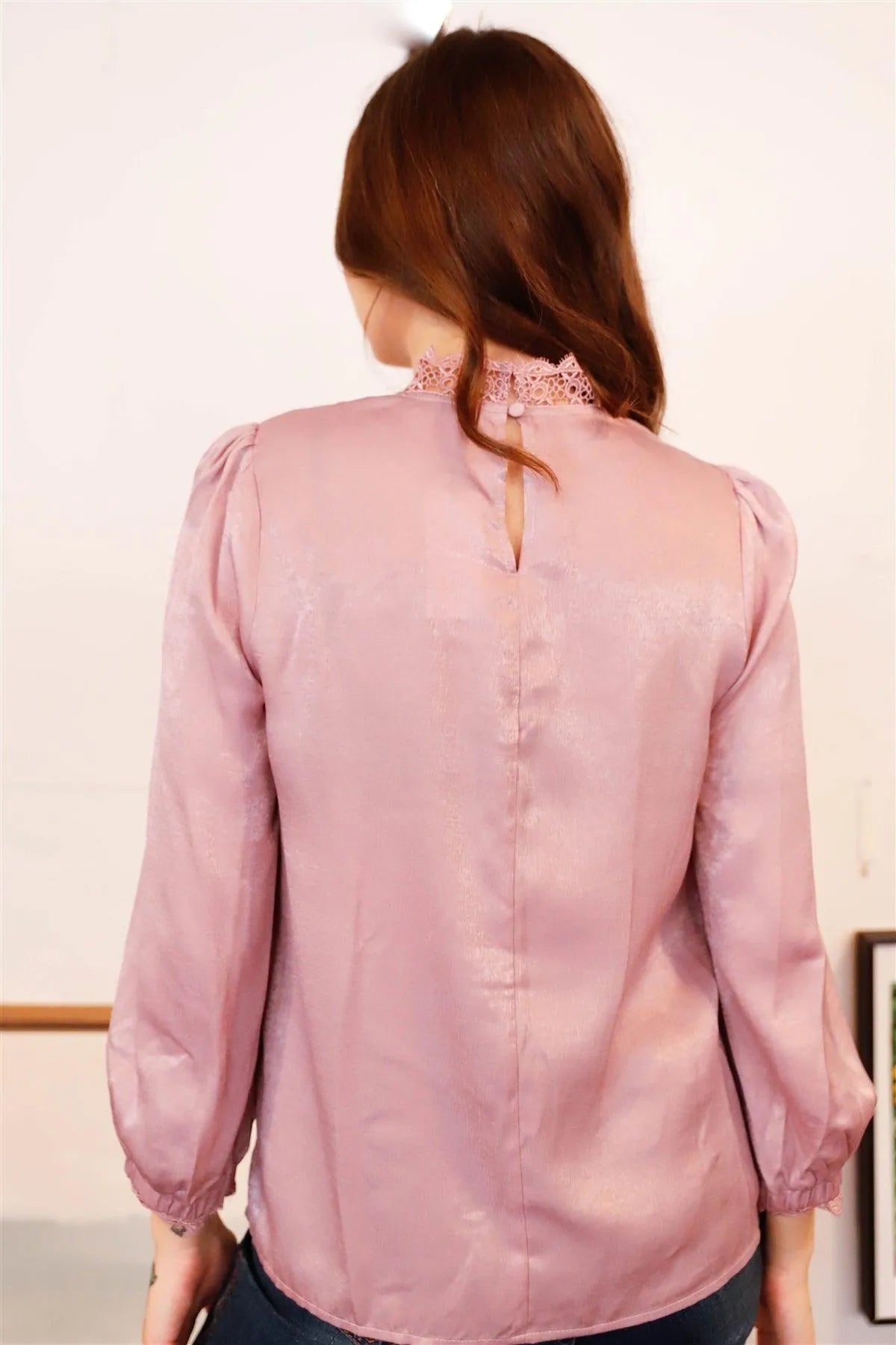 Mauve Satin Effect Lace Mock Neck Detail Balloon Sleeve Top /1-2-2-1 - Tasha Apparel Wholesale