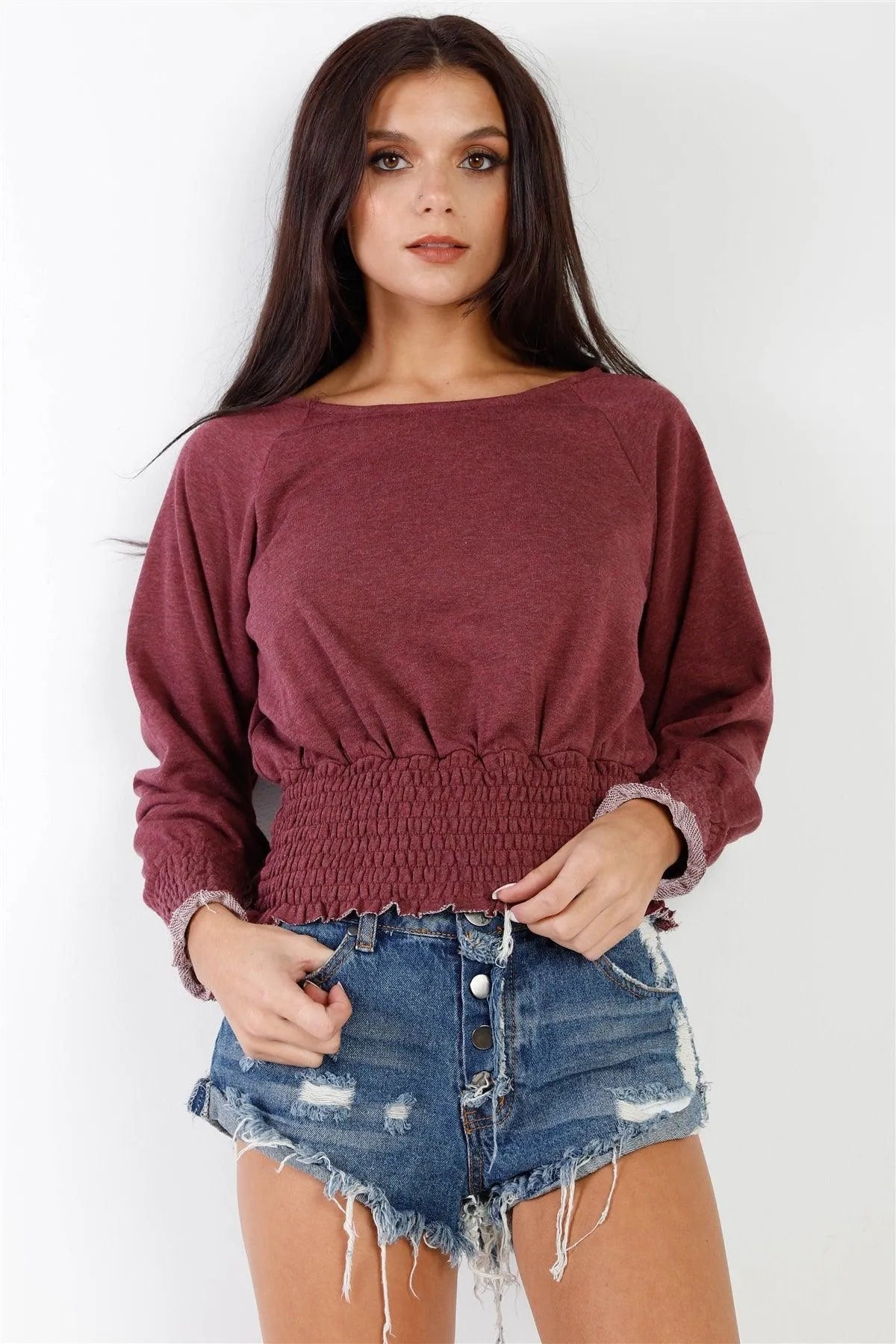 Wine Smocked Waistline Detail Long Sleeve Top /3-1-1 - Tasha Apparel Wholesale